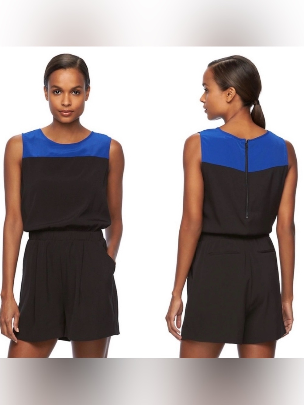 Reed Colorblock Black and Royal Blue Sleeveless Romper with Zipper Back